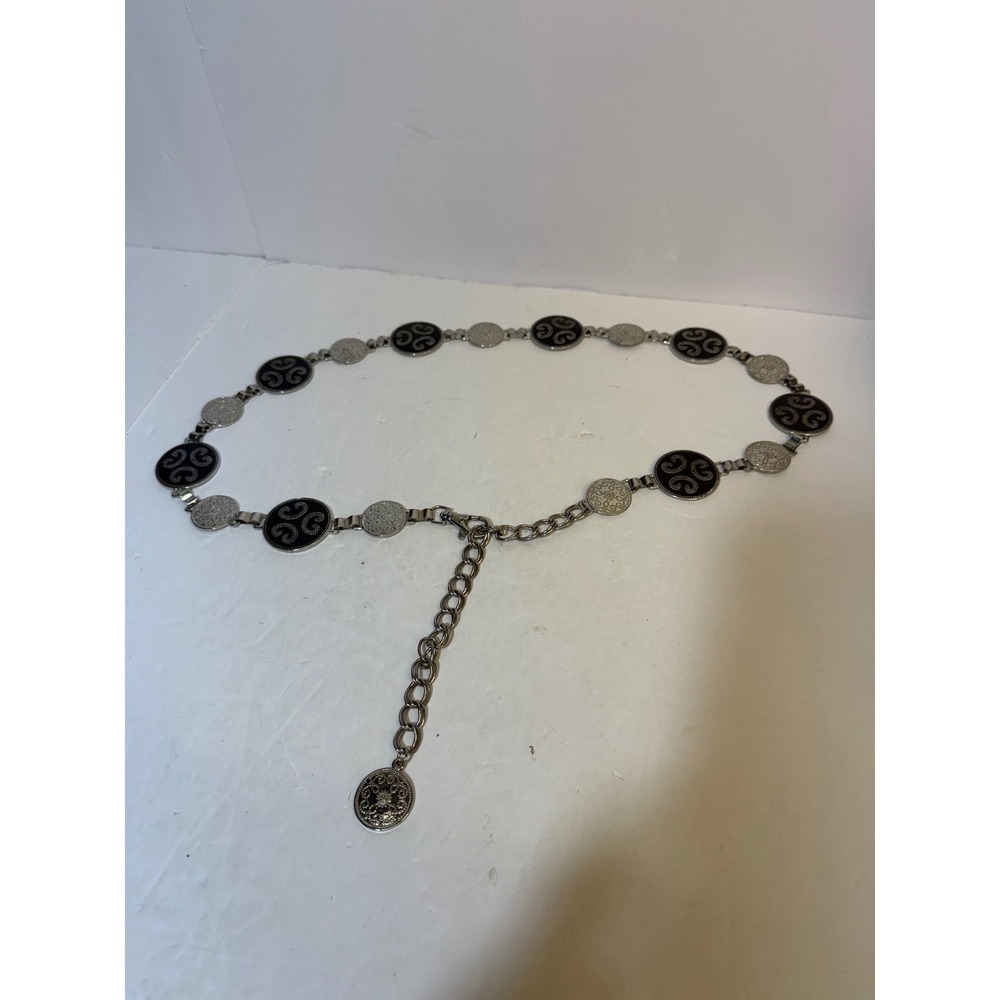 Vintage Silver Tone Black Enamel Medallion Chain Belt Adjustable 36-38 Inch